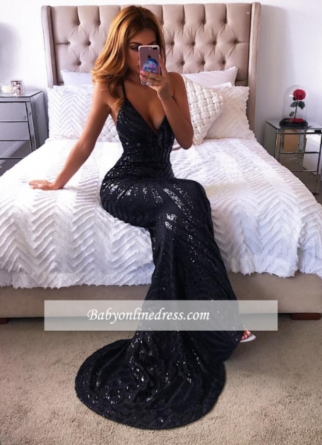 Mermaid New Black Spaghetti-Straps Long Prom Dresses