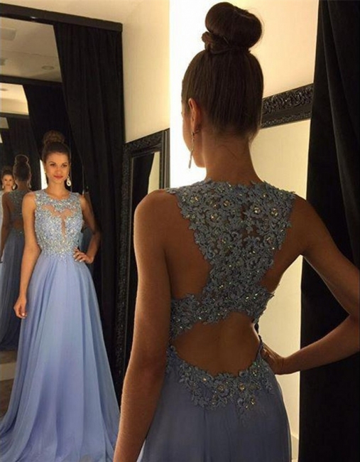 Long Prom Dresses Lace Appliques Beaded Chiffon A-line Elegant Evening Gowns