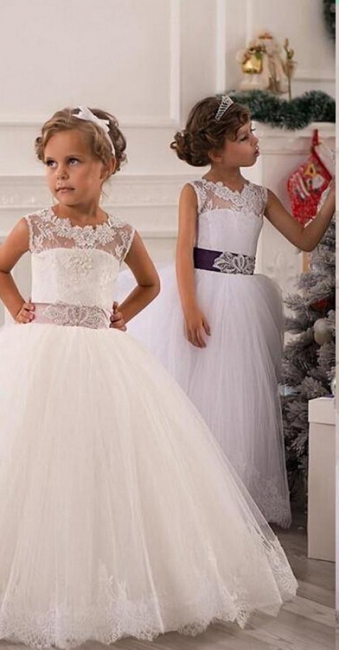 Lace Appliques Sleeveless Flower Girl Dresses Floor Length Party Gown with Sash Bow