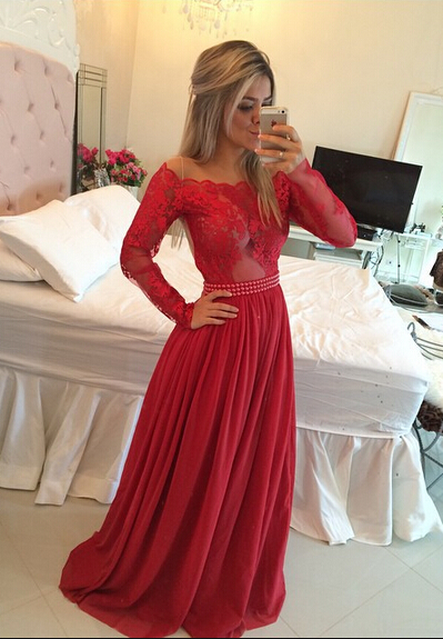 Long Sleeves Prom Dresses Chiffon Pearls Beaded Red Fuchsia Sheer A-line Evening Gowns