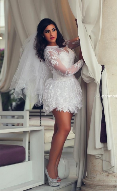 White A-Line Lace Wedding Dresses 2020 Mini Jewel Long Sleeve Cheap Beach Bridal Dresses