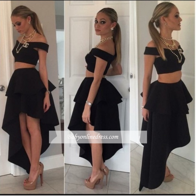 Black Off-the-shoulder Two-Piece Tiered Cheap Irregular Homecoming Dresses