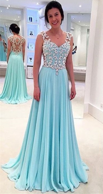 Tiffany Blue Prom Dresses Appliques Chiffon Long Vintage Evening Gowns