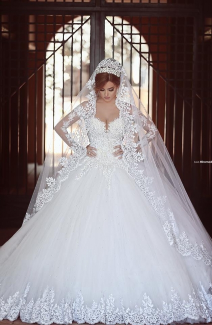 Long Sleeves Lace Ball Gown Wedding Dresses Chapel Train Amazing New Bridal Gowns