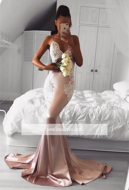 Cute Lace Mermaid Prom Dress Spaghetti-Strap Sleeveless Long Evening Dresses