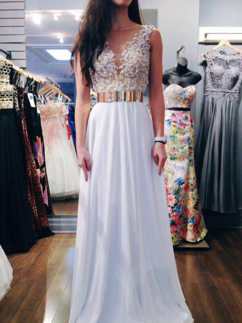 White Chiffon Prom Dresses Beaded Top v Neck Backless Luxury Evening Gowns