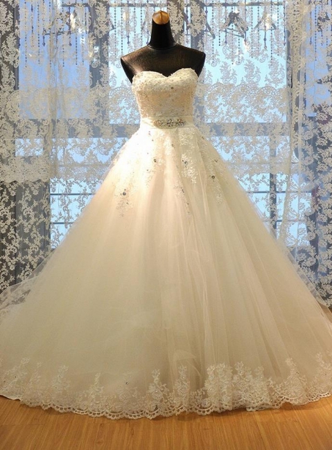 Lace Applique Crystals Ball Gown Wedding Dresses | Luxury Court Train Bridal Gowns
