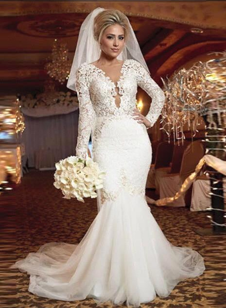 Gorgeous Mermaid Bridal Gowns | lace Trumpet Wedding Dress with Long Sleevess