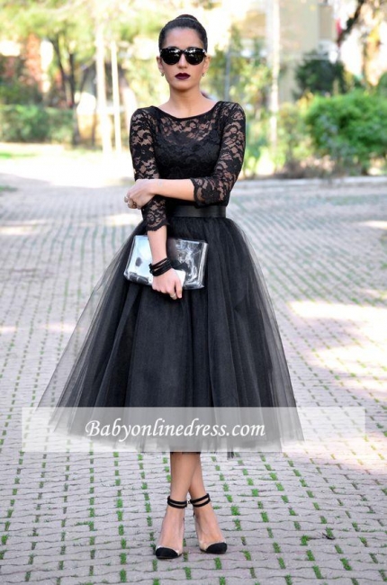 Popular A-Line Black Tulle 3/4 Length Sleeves Tea-Length Lace Evening Gowns