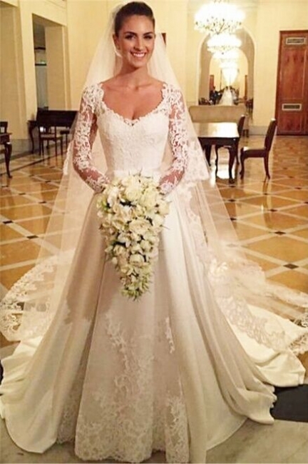 A-line Wedding Dresses Long Sleeves Lace Appliques Buttons Back Elegant Bridal Gowns