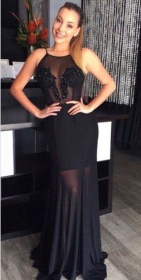 Black Halter Neck Illusion Prom Dresses Open Back Spaghettis Straps Long Sexy Evening Gowns
