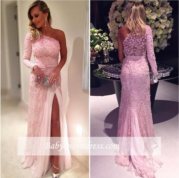 Split Pink Long-Sleeve Lace Elegant Evening Dresses