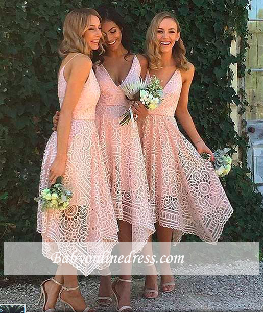 Sleeveless Tea-Length Spaghetti-Strap A-line Lace Bridesmaid Dress