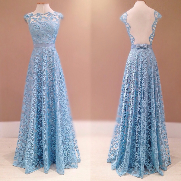 Blue Lace Prom Dresses Open Back Sleeveless A-Line Formal Evening Gowns