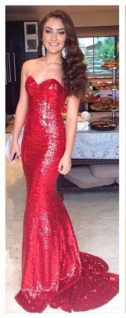 Red Sequins Mermaid Prom Dresses Sweetheart Neck Bling Simple Long Evening Gown