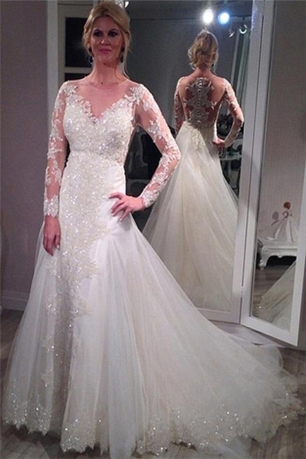Glamorous Tulle Lace Appliques Sequins Long-Sleeve Wedding Dresses