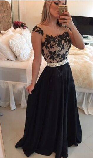 Sheer Lace Black Chiffon Prom Dresses | Open Back Modest Formal Long Evening Gowns