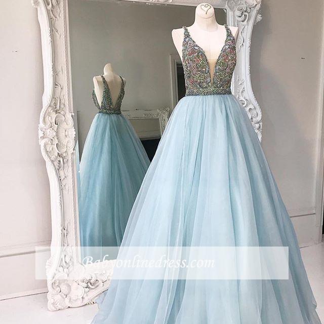 Tulle V-neck Crystals Stunning A-line Sleeveless Zipper Prom Dress