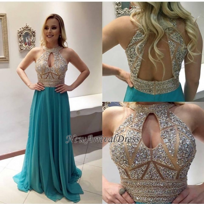 Glamorous A-line Zipper Keyhole Chiffon Sleeveless Prom Dress with Beadings