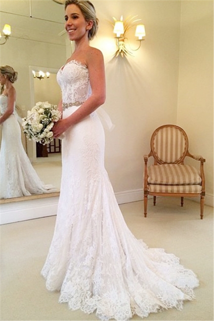 Lace Mermaid Sweetheart Wedding Dresses Crystals Beaded Belt Court Train Bridal Gowns