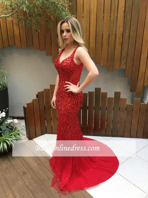 Backless Long Crystals Red V-Neck Mermaid Prom Dresses