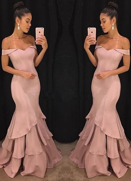 Elegant Pink Mermaid Prom Dresses |  Off-the-Shoulder Evening Gowns with Ruffles Skirt