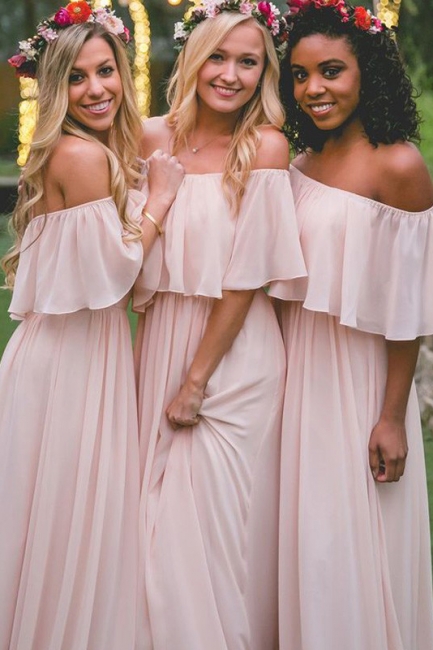 Off-the-Shoulder Chiffon Bridesmaid dress|Elegant Pink Wedding Guest Dresses