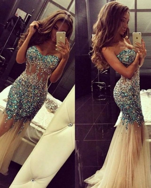 Mermaid Prom Dresses Sweetheart Crystals Sheer Tulle Long Luxury Evening Gowns