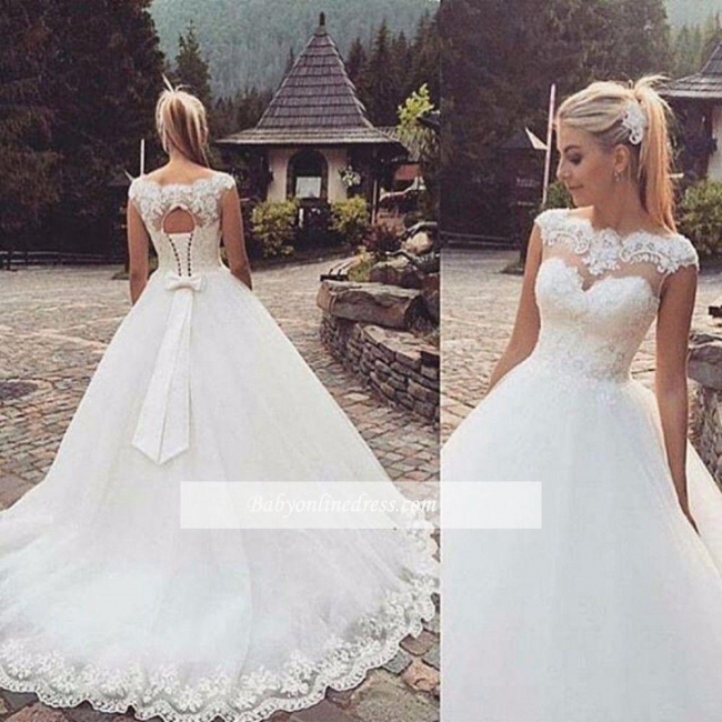 Capped-Sleeves Bow Back Lace-Up Ball Gown Wedding Dresses
