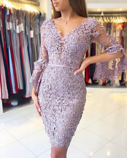 Elegant Sheath V-neck Knee-length Long Sleeve Appliques Lace Prom Dress