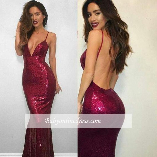 Sexy Backless Sleeveless Sequin Evening Gowns | Red Spaghettis Strap V-neck Mermaid Formal Dresses