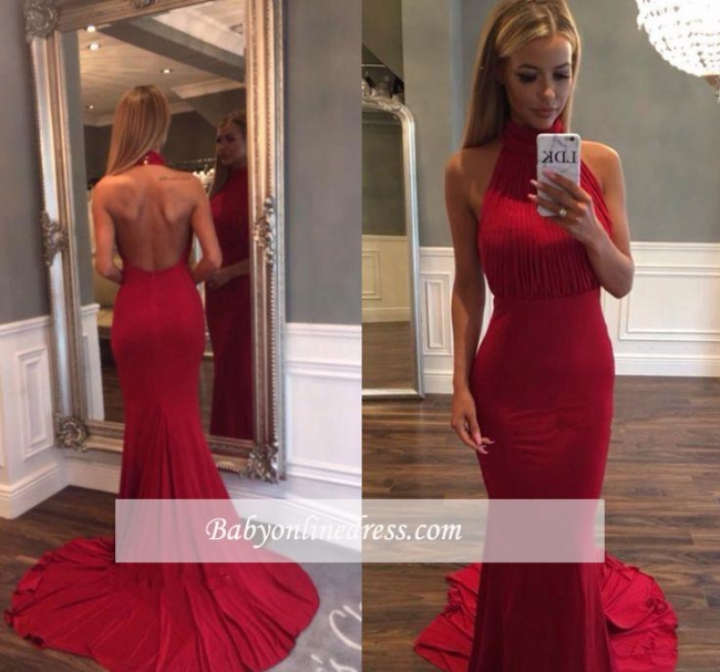 Simple Mermaid Ruffles Court-Train Red Backless Evening Gowns