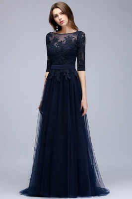 NANA | A-line Half Sleeves Floor Length Slit Appliqued Tulle Prom Dresses with Sash_8