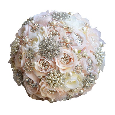 Shiny Crystal Beading Silk Rose Wedding Bouquet in White and Pink_7