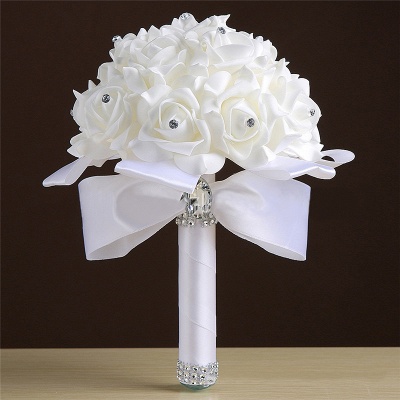 White Silk Rose Crystal Beading Bouquet in Colorful Handles_1