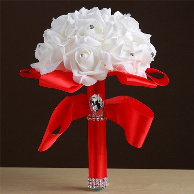 White Silk Rose Crystal Beading Bouquet in Colorful Handles_4
