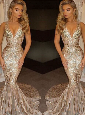 V-neck Mermaid Sleeveless Champagne Sexy Sequins Deep Gold Evening Gown_2
