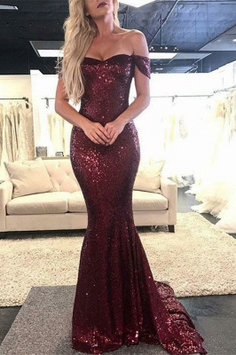 Burgundy Off The Shoulder Sweetheart Sequined Floor Length Mermaid  Prom Dresses | Cheap Party Dresses_1