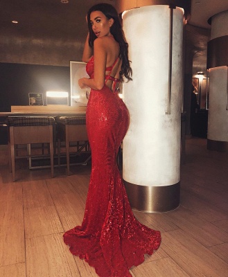 Elegant Red Lace Up Sequins Mermaid Prom Dresses | Floor Lenth Long Evening Dresses_1
