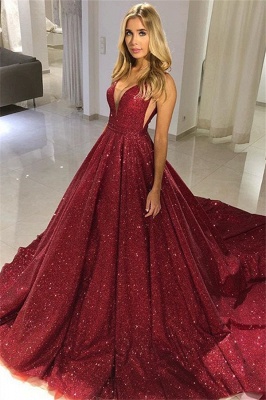Sparkly Red Sequin V-neck Puffy Sleeveless Long Prom Dresses | Floor Length Evening Dresses_2
