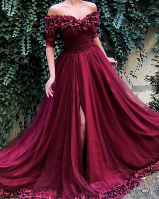 Burgundy Off The Shoulder 3/4 Sleeve Sweetheart Flower A Line Prom Dresses | Front Slit Party Dresses_2