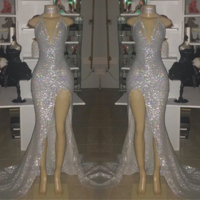Halter Neck Slit Prom Dress | Shiny Silver Sequin Party Dresses_2