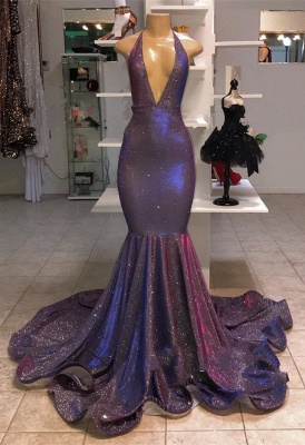 Glitter Halter Deep V Neck Mermaid Prom Dresses | Sleeveless Sequined Evening Dresses_2