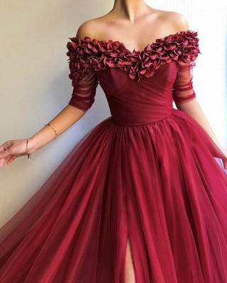 Burgundy Off The Shoulder 3/4 Sleeve Sweetheart Flower A Line Prom Dresses | Front Slit Party Dresses_4