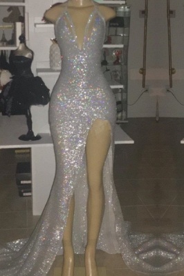 Halter Neck Slit Prom Dress | Shiny Silver Sequin Party Dresses_1