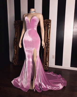 Velvet Pink Deep V Neck Sleeveless Side Slit Prom Dresses | Mermaid Evening Dresses_2