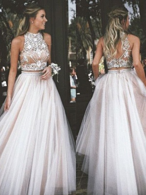 High Neck Two Pieces Prom Dresses Sleeveless Open back Crystal Sexy Evening Gowns_2