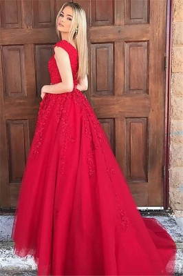 Romactic Red V-Neck Applique Prom Dresses Sleeveless Sexy Evening Dresses with Beads_2