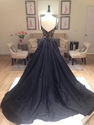 Black Lace V-Neck Sleeveless Prom Dresses Open Back Sexy Evening Dresses with Beads_6