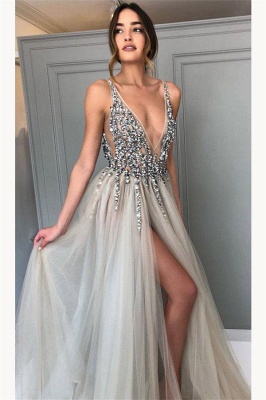 Gorgeous Crystal V-Neck Prom Dresses Side slit Sheer Sleeveless Sexy Evening Dresses_2